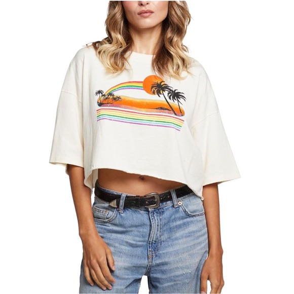 Chaser Tops - CHASER Women's Coast Cotton Shine Tee -sunset oversized crop top- L, M